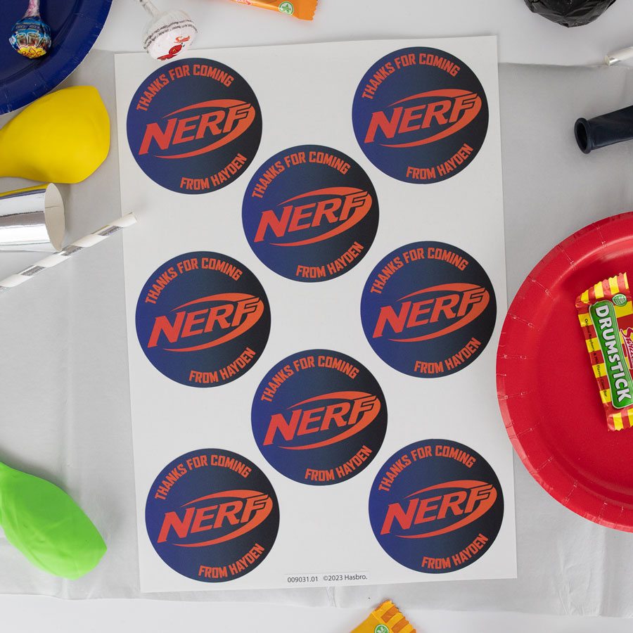 Nerf Party Bag Stickers | Blue and Orange sheet layout