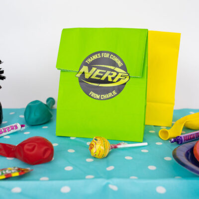 Nerf Party Bag Stickers | black and yellow on a green party bag