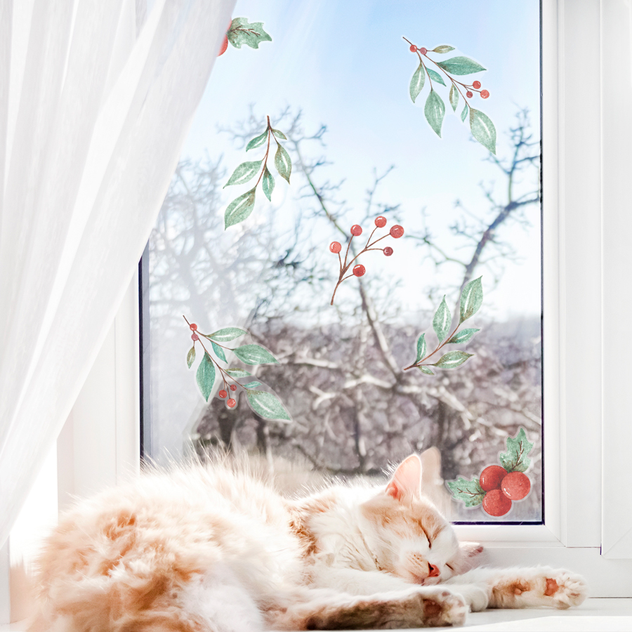 Winter Foliage Window Stickers on window with cat in front