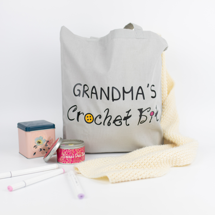 Personalised Crochet Tote Bag with craft items