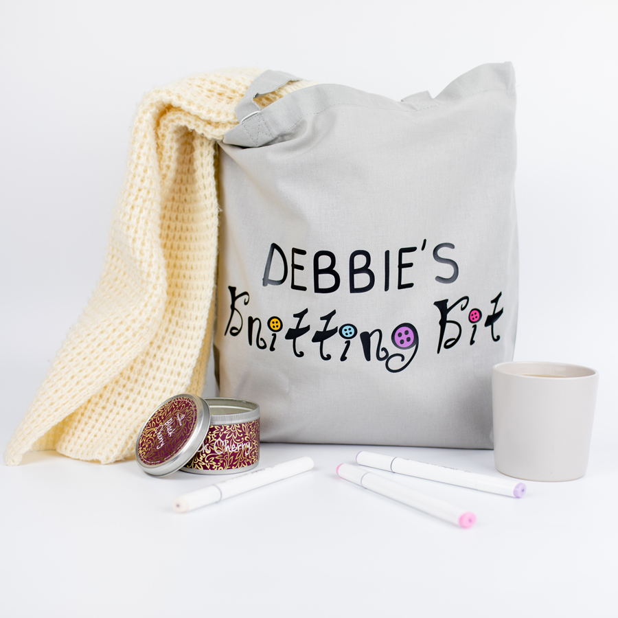 Personalised Knitting Tote Bag with craft items