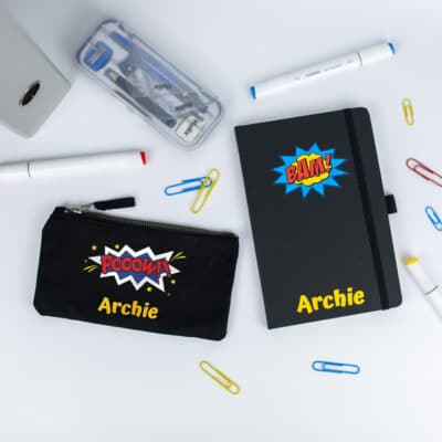 Comic Book themed pencil case and notebook