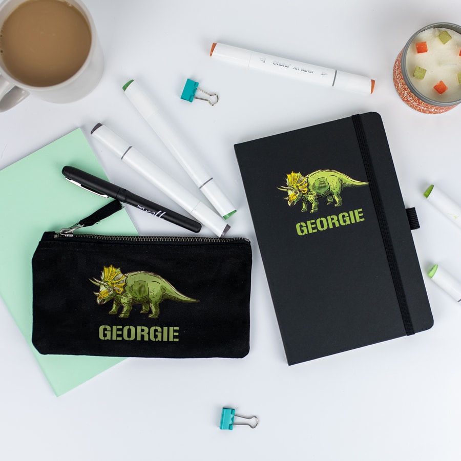 Triceratops themed pencil case and notebook