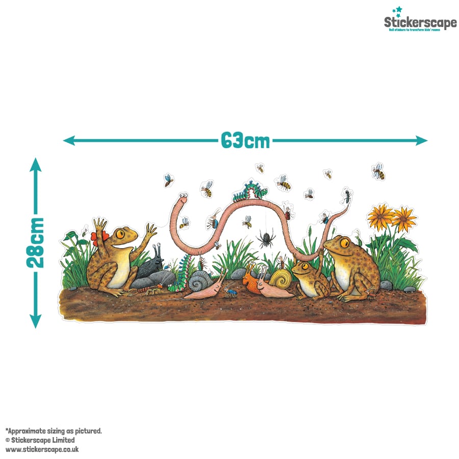 Superworm Garden Scene window sticker with size dimensions