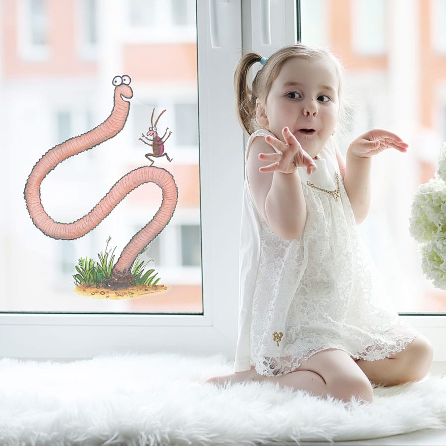 Superworm and Bug window sticker (Large size) on a window with a girl