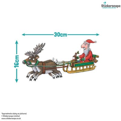 Stickman and Santa's Sleigh Christmas window sticker with size dimensions