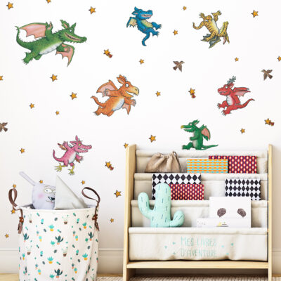 Zog and Dragons wall sticker pack (Large size) on a bedroom wall above a bookcase