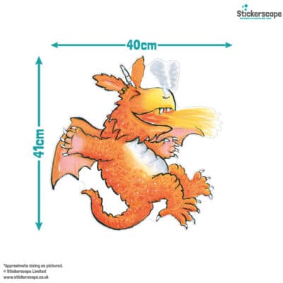 Zog Breathing Fire window sticker with size dimensions