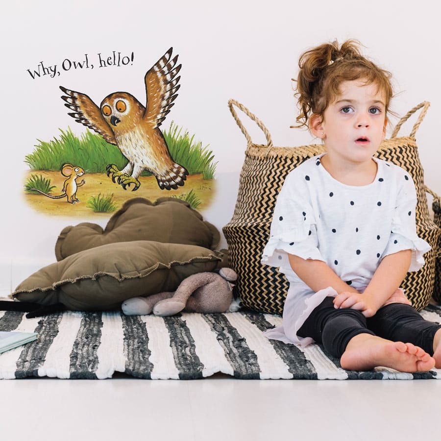 Why hello! Gruffalo Scene wall sticker (Fox) on a wall with a child