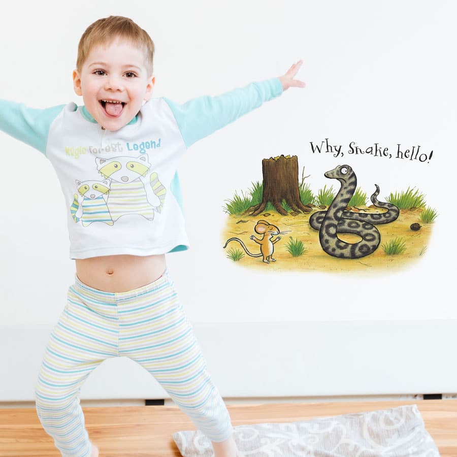 Why hello! Gruffalo Scene wall sticker (Snake) on a wall with a child