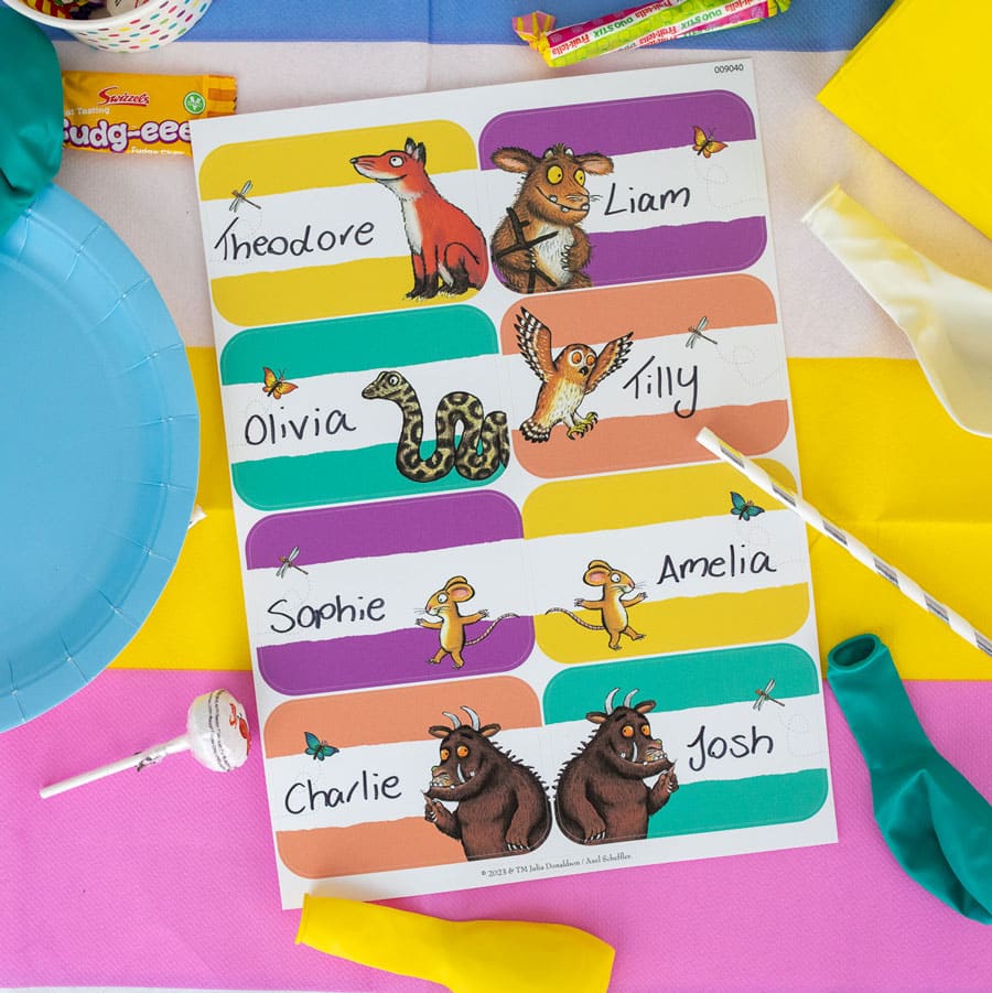 Gruffalo Party name labels sheet on a birthday