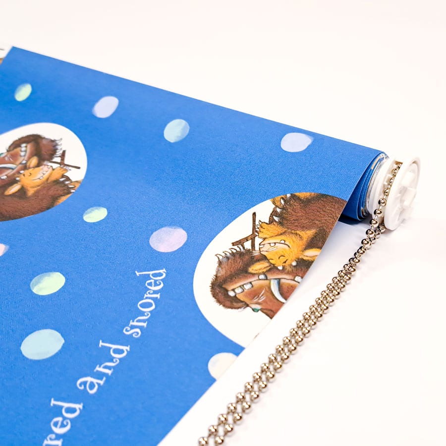close-up of the gruffalo's child roller blind showing roller blind mechanism with chrome chain