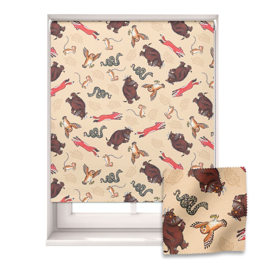 The Gruffalo and Friends roller blind with close-up of fabric swatch