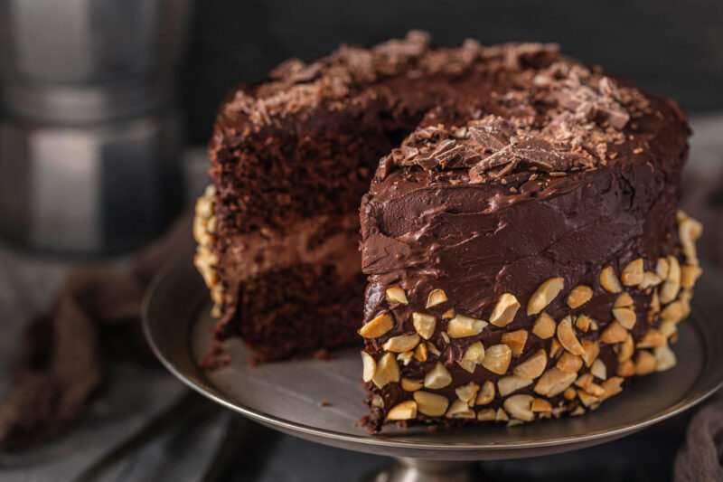 double layered chocolate cake with nuts