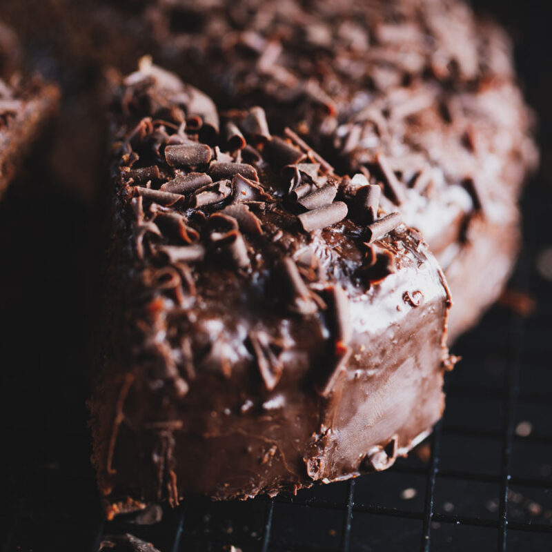 close-up of tasty chocolate cake with sprinkles