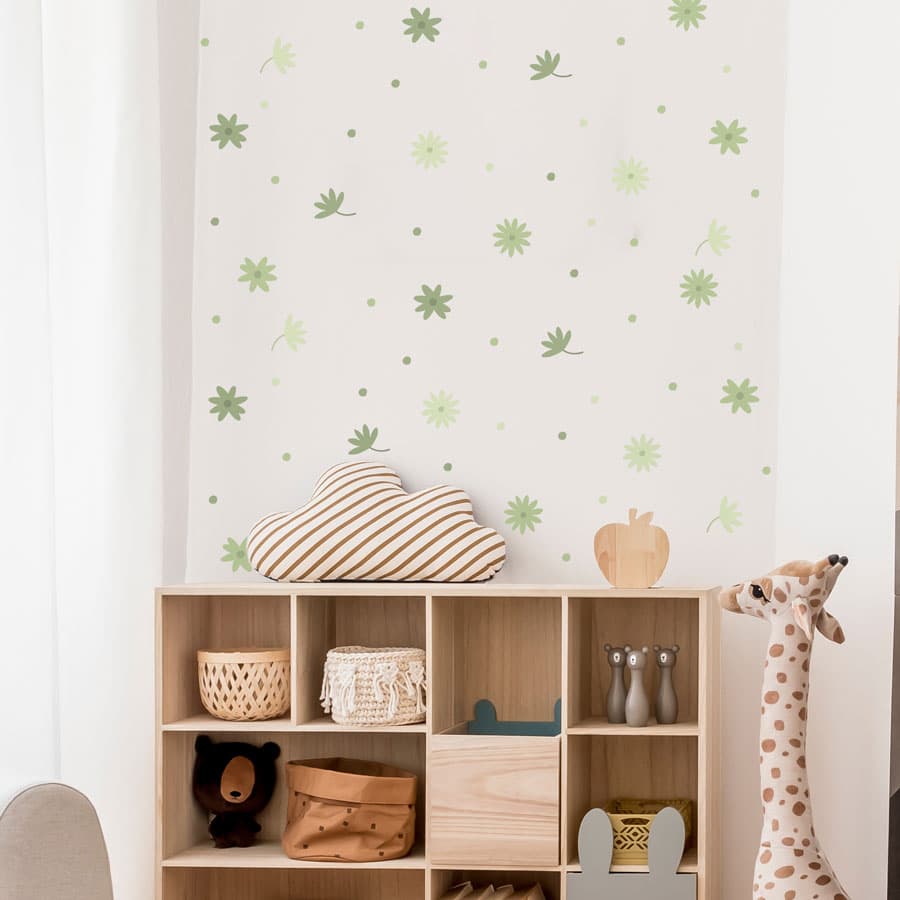 Mixed Flower Wall Stickers in green on a white wall