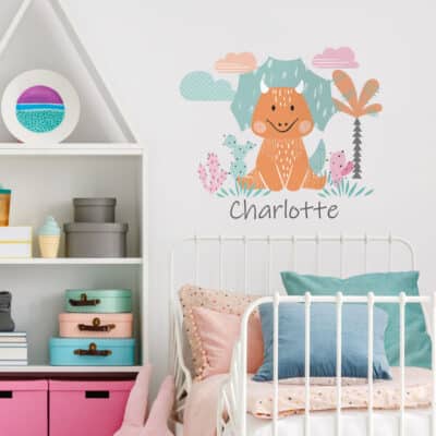 Personalised Dinosaur Wall Sticker orange colour on white wall