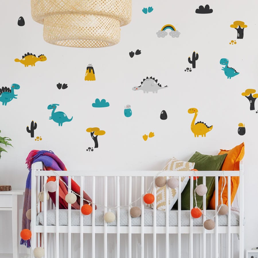 Bright Dinosaur Wall Sticker pack on white wall
