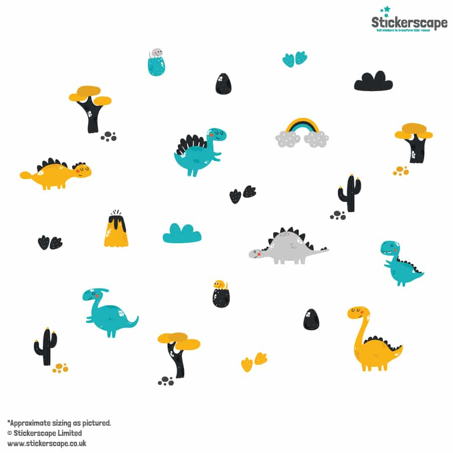 Bright Dinosaur Wall Sticker pack on white background