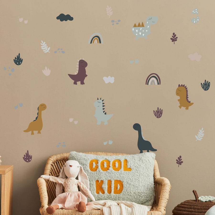 Dinosaur and Rainbows Wall Sticker pack on cream wall