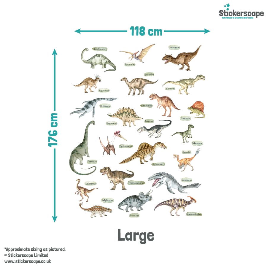 Named Dinosaur Wall Sticker size guide