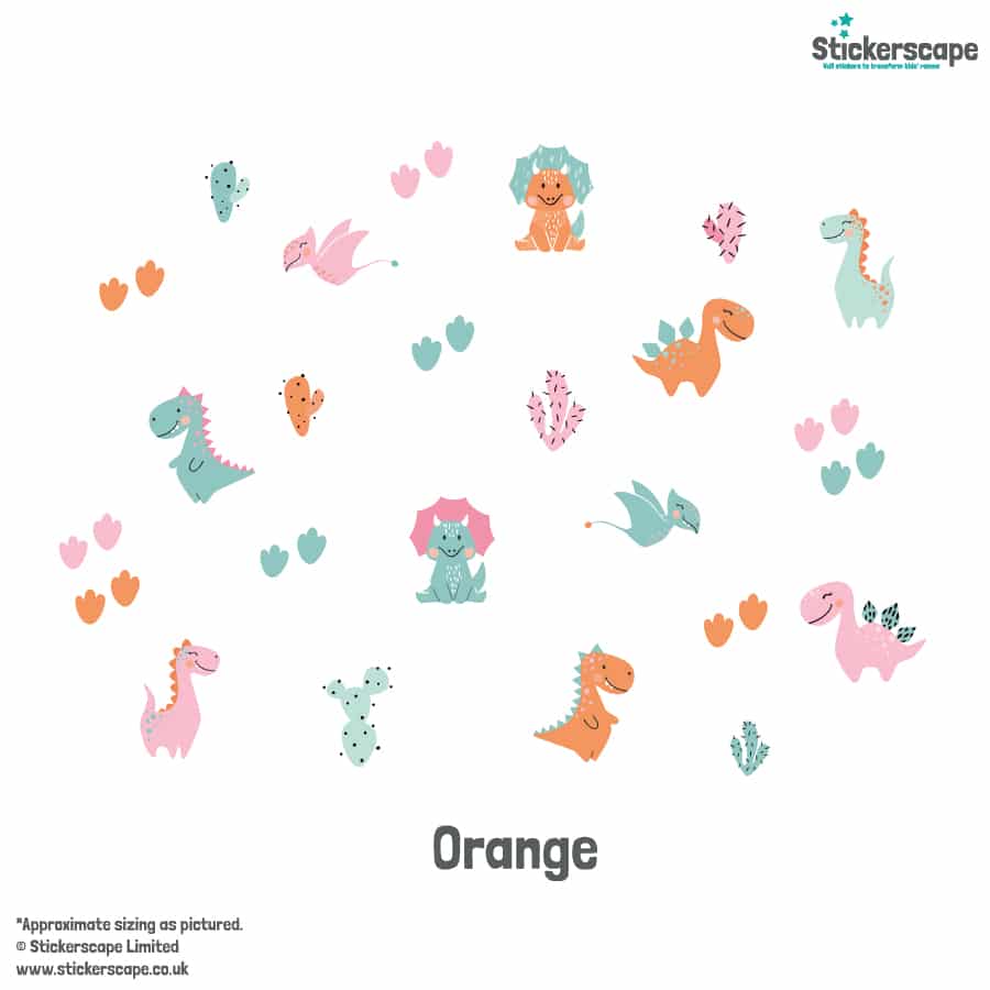 Pastel Dinosaur Wall Sticker in orange on a white background