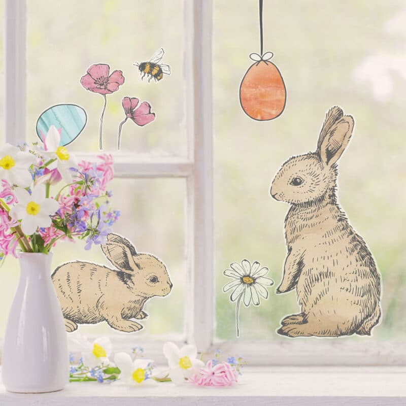 Spring Bunnies and Eggs Window Stickers on a window