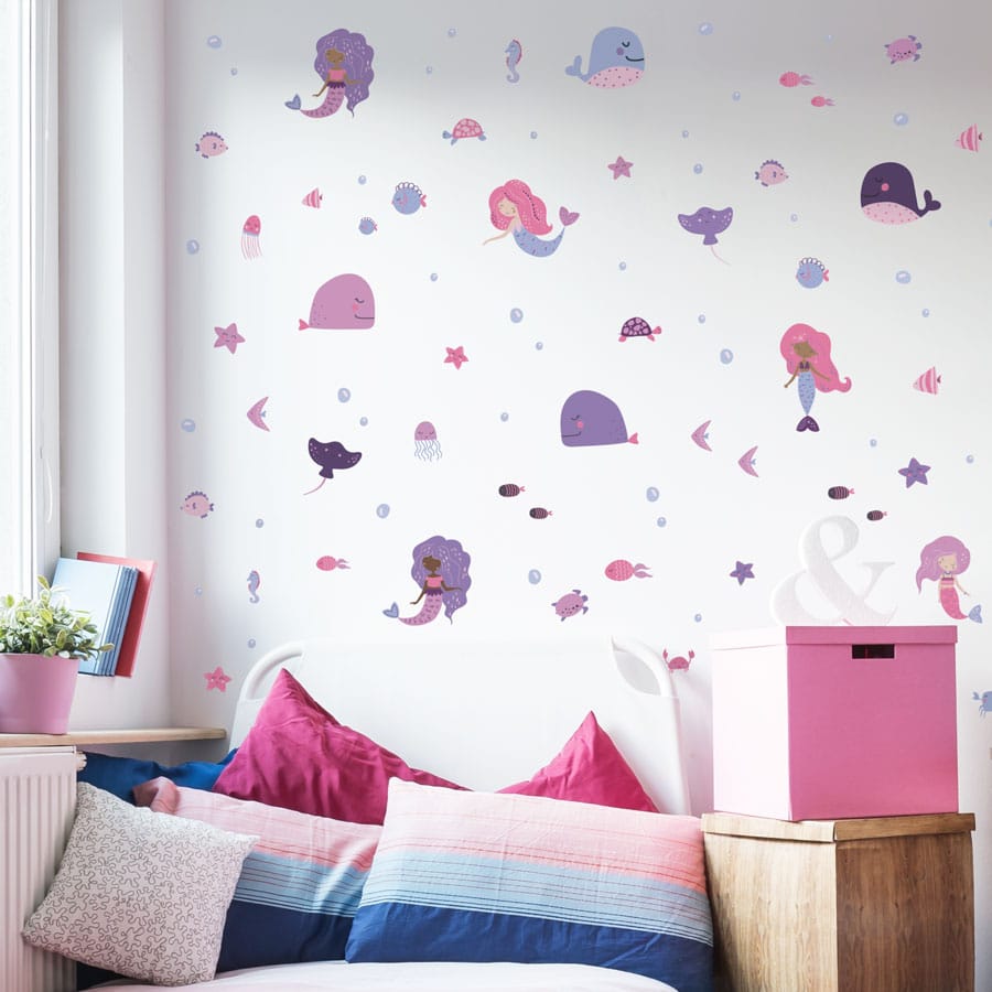 Mermaid and Whale Wall Stickers on a white wall