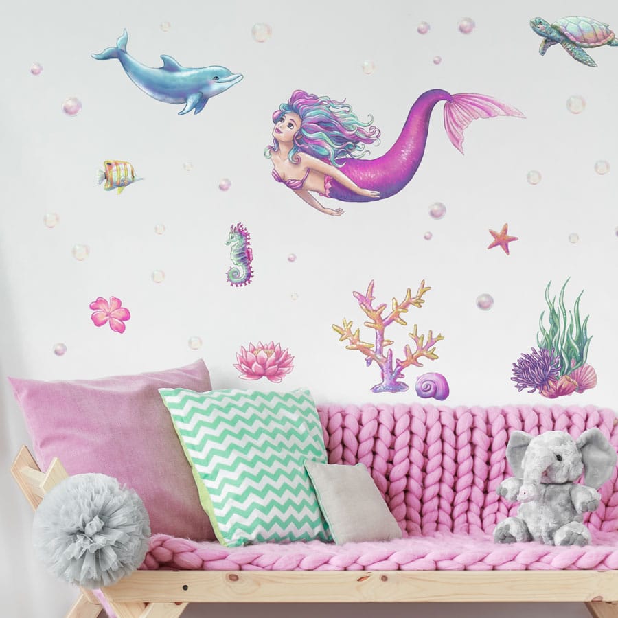 Watercolour Mermaid Wall Stickers on a white wall