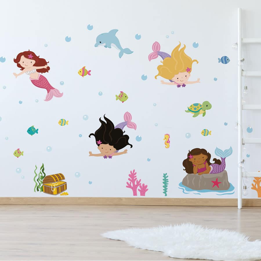 Colourful Mermaid Wall Stickers on a white wall