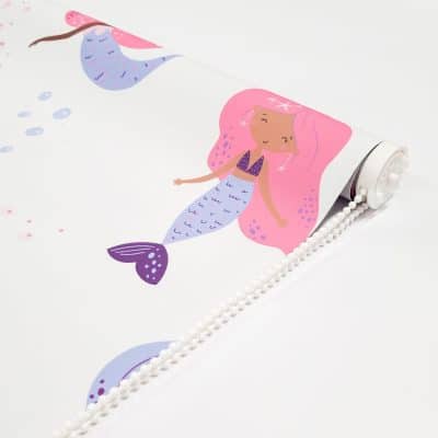 Pink Mermaids and Bubbles Roller Blind close-up showing chain mechanism with white chain
