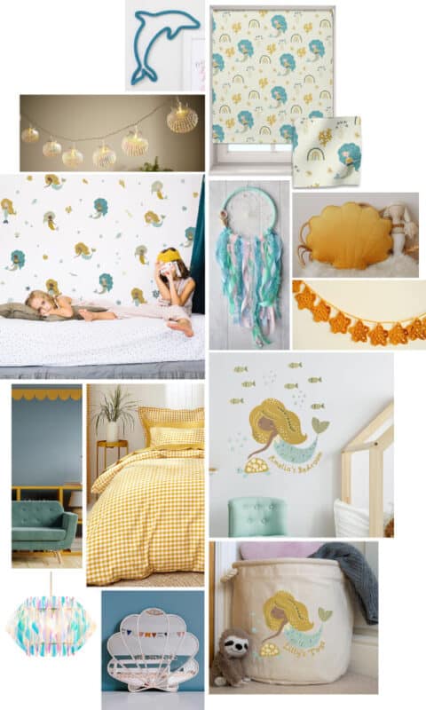 Yellow and Blue Mermaid Themed Bedroom Ideas | Mood board