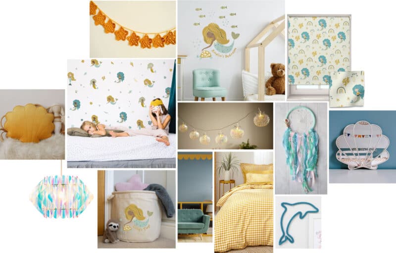 Yellow and Blue Mermaid Themed Bedroom Ideas | Mood board
