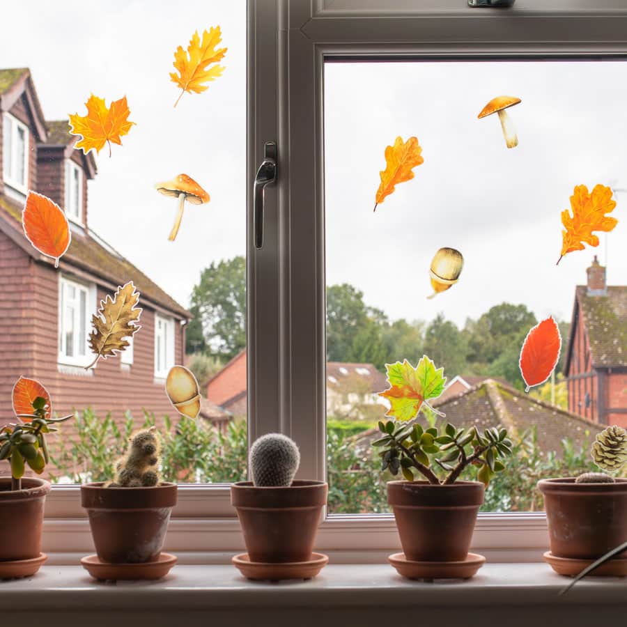 Autumnal Leaves and Mushrooms Window Sticker on a window with plants