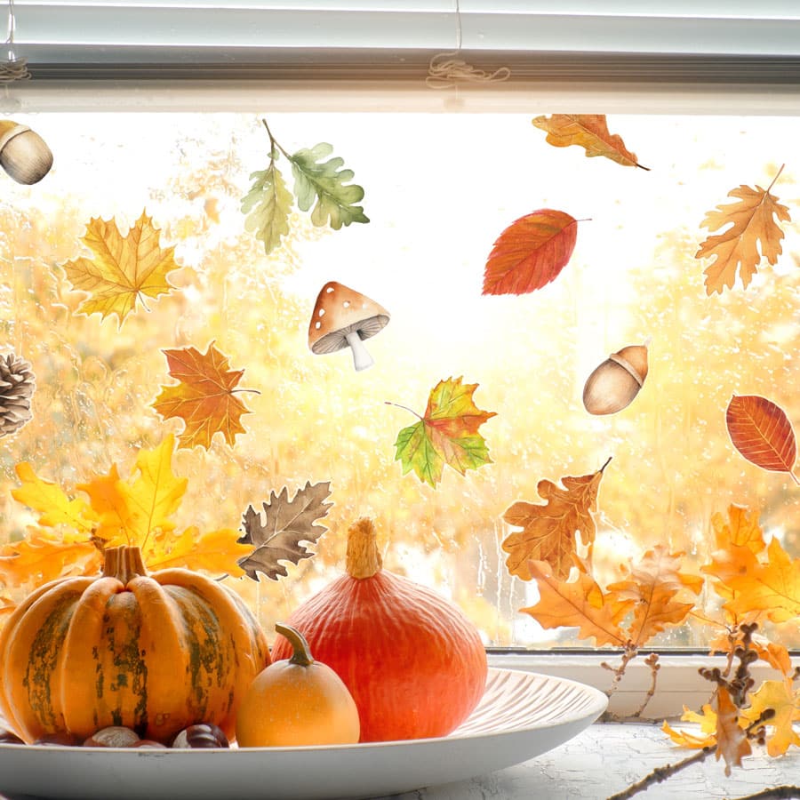 Autumn Leaves and Mushrooms Window Stickers on a window