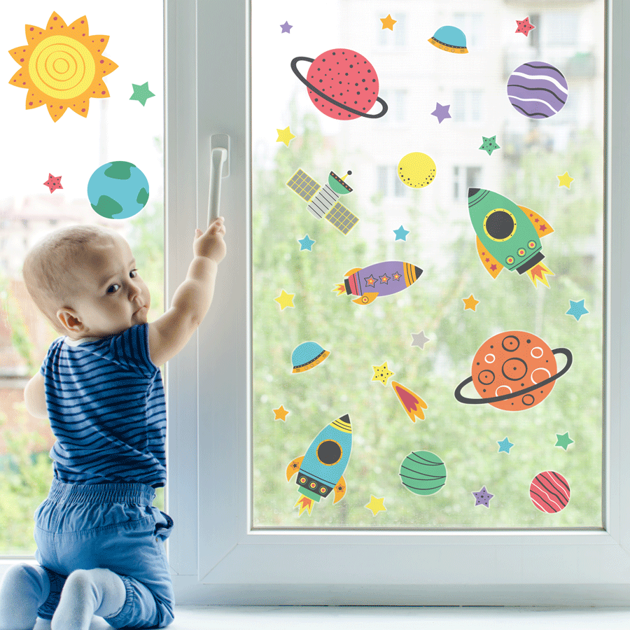 Colourful Space Window Stickers on a window