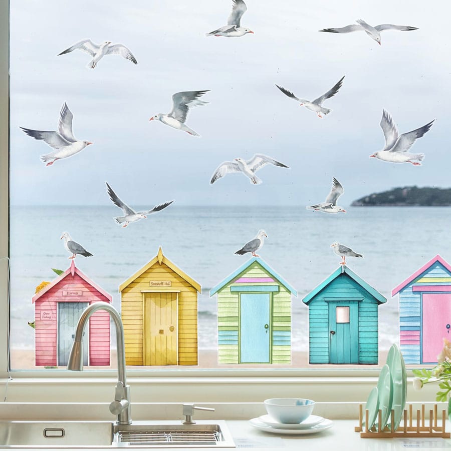 Seagulls and Beach Huts Window Stickers on a window