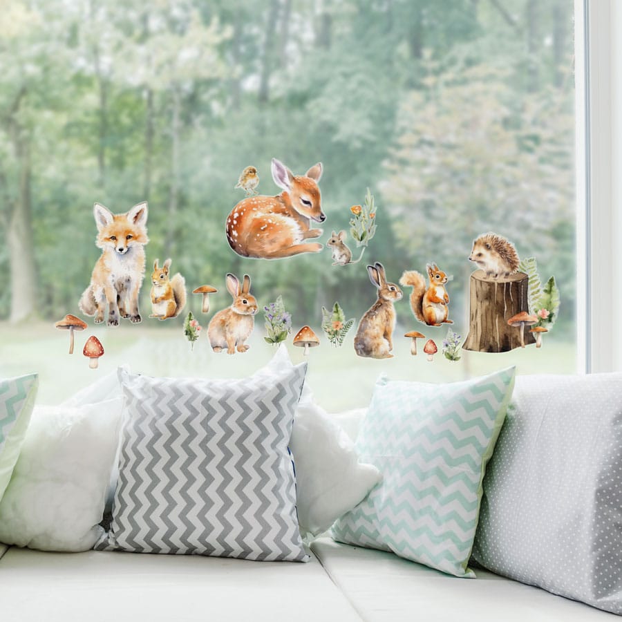 Woodland Animals Window Stickers regular size on a window