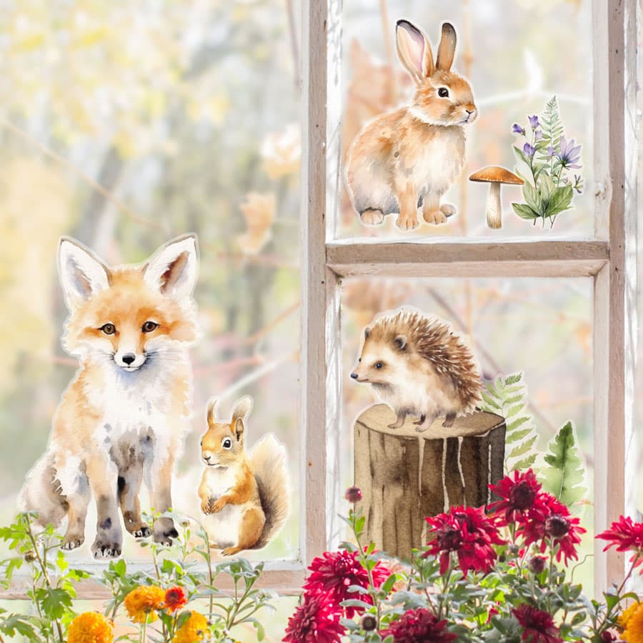 Woodland Animals Window Stickers regular size on a window