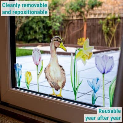 Daffodils and Duck Window Stickers close-up showing duck window sticker on a patio window