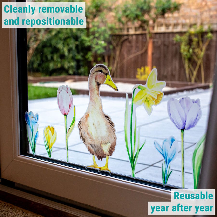 Daffodils and Duck Window Stickers close-up showing duck window sticker on a patio window