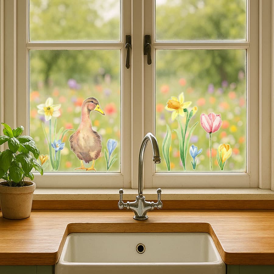 Daffodils and Duck Window Stickers on a kitchen window
