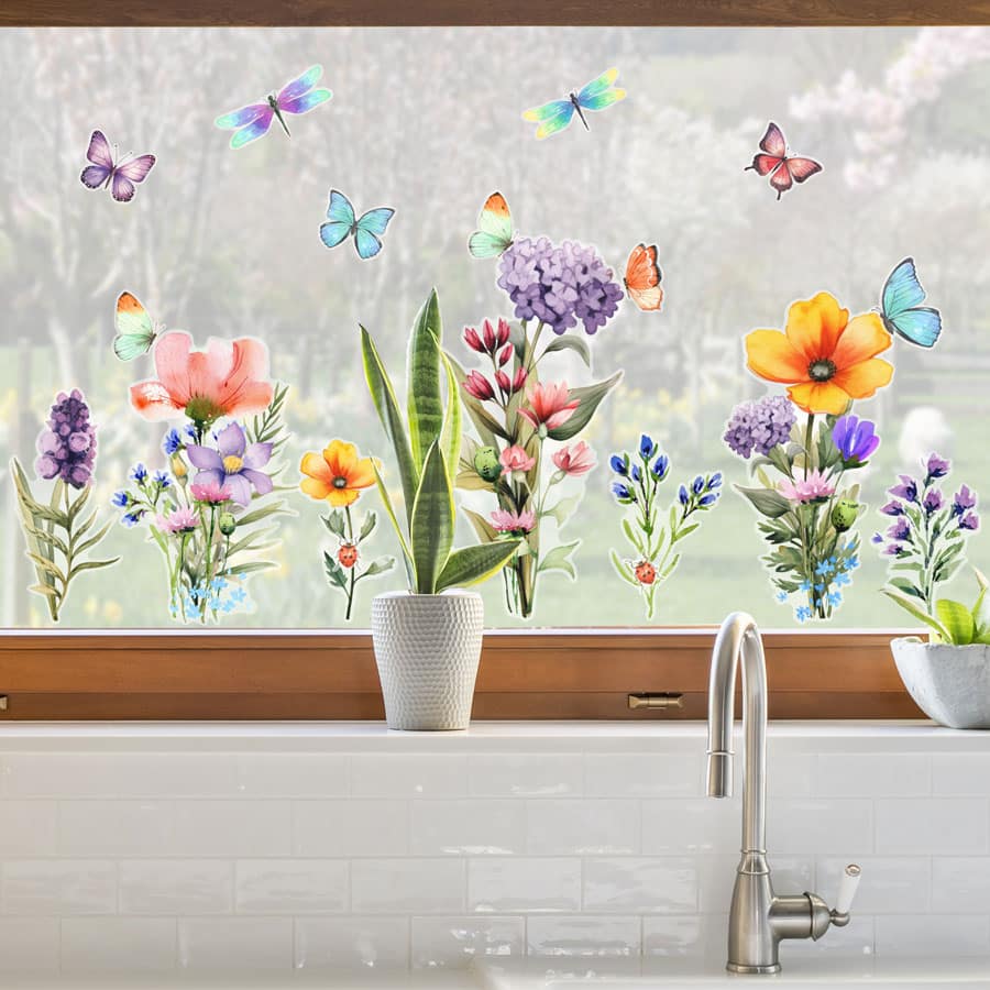 Summer Flowers Window Stickers on a kitchen window