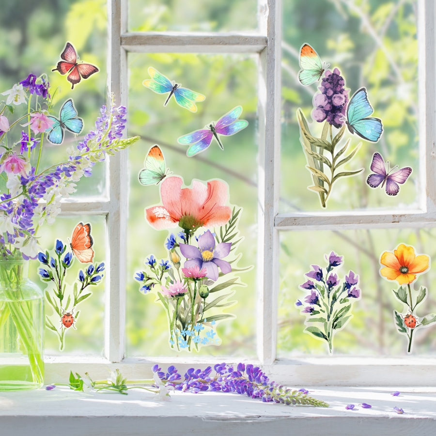Summer Flowers Window Stickers on a paned window