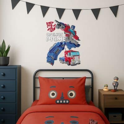 Optimus Prime Wall Sticker above a child's bed creating a Transformers theme