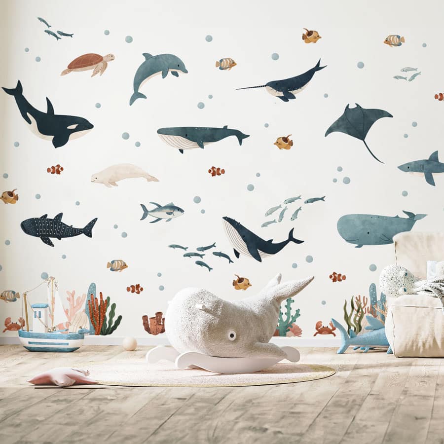 Ocean Friends Scene Wall Stickers creating an underwater theme in a kids bedroom