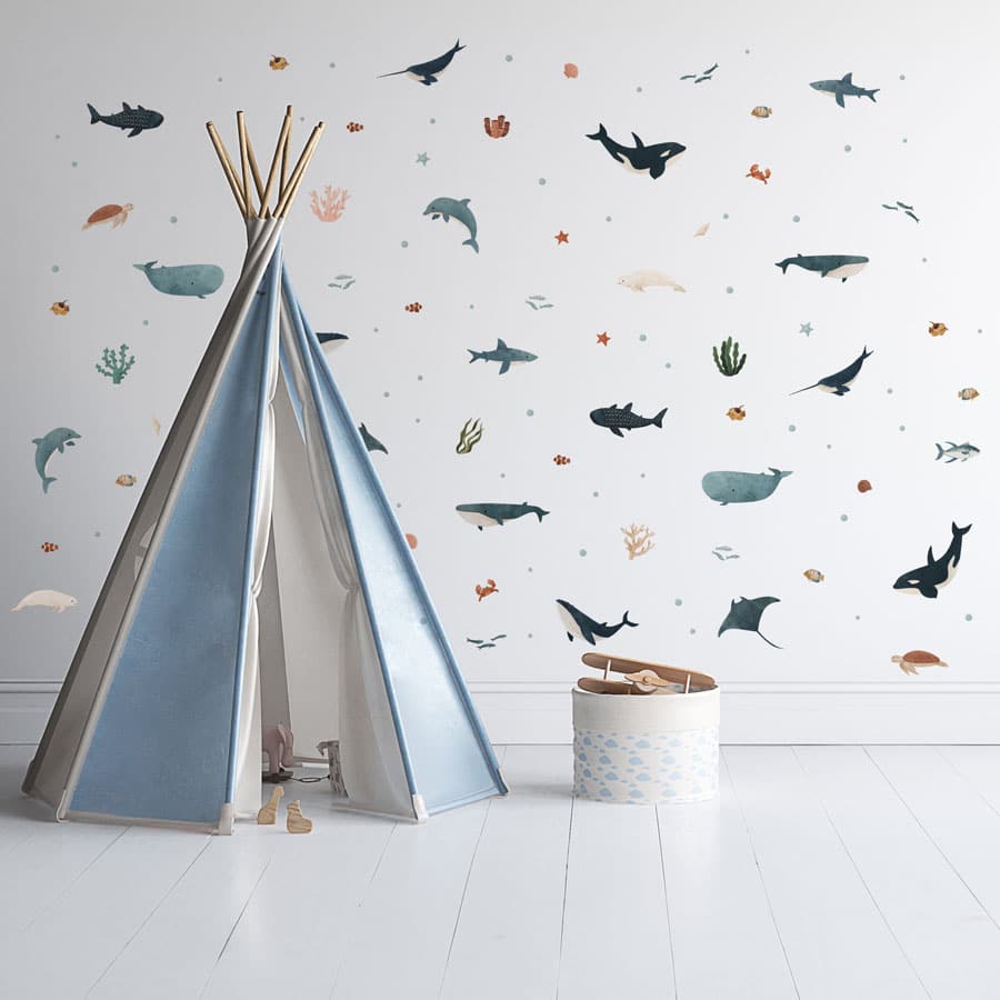 Ocean Friends Scene Wall Stickers creating an underwater theme in a kids bedroom