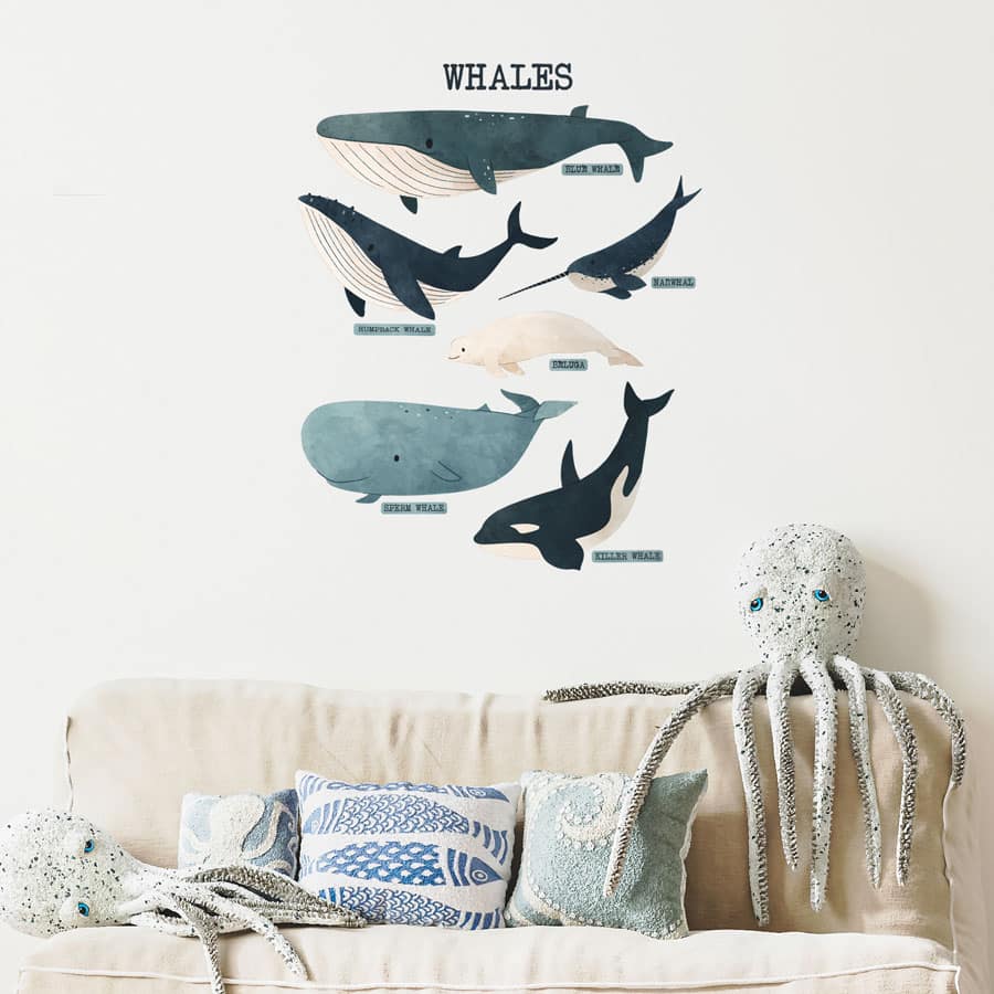 Whale Wall Stickers creating an underwater theme in a kids bedroom