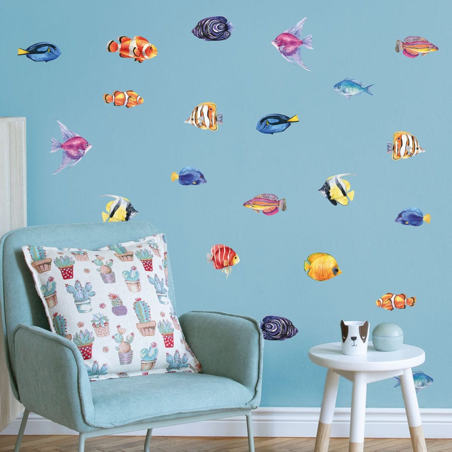 Bright Watercolour Fish Wall Stickers on a blue wall