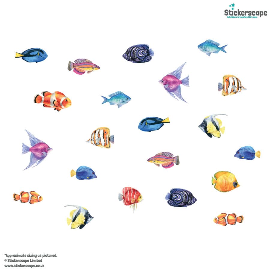Bright Watercolour Fish Wall Stickers on a white background